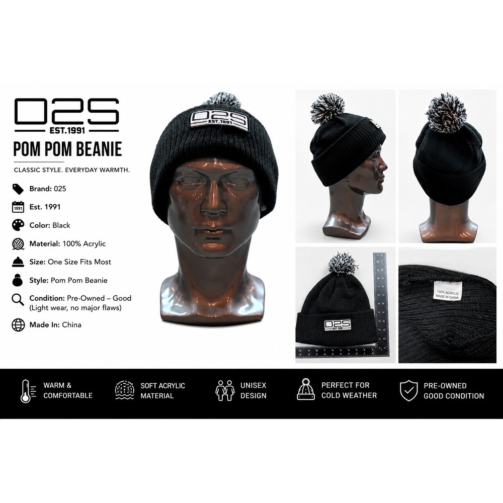 D2S Est 1991 Black Cuffed Beanie Hat Pom Pom Acrylic Knit Winter Cap Mens Womens